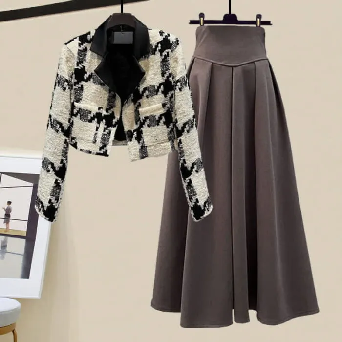 Plaid Print Short Blazer Pure Color Skirt
