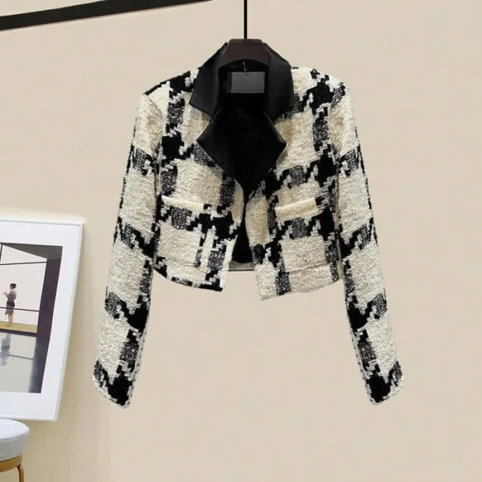 Plaid Print Short Blazer Pure Color Skirt