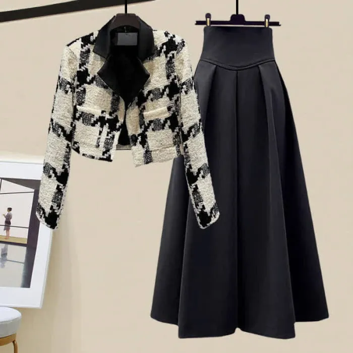Plaid Print Short Blazer Pure Color Skirt