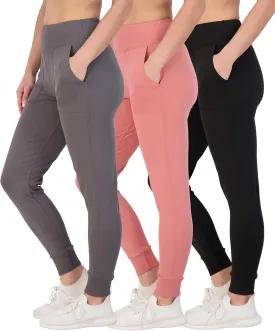 Real Essentials 3 Pack: Women's Joggers with Pockets - High Waist Workout Yoga Tapered Athletic Leggings (Available in Plus)