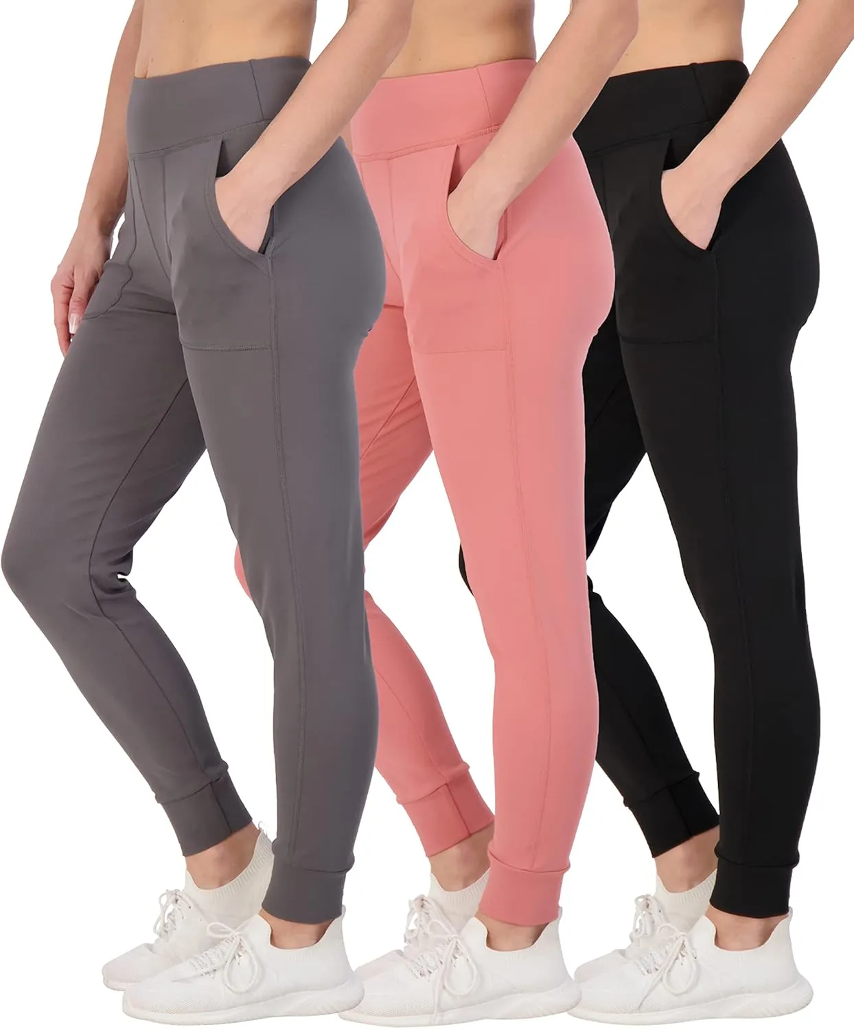 Real Essentials 3 Pack: Women's Joggers with Pockets - High Waist Workout Yoga Tapered Athletic Leggings (Available in Plus)