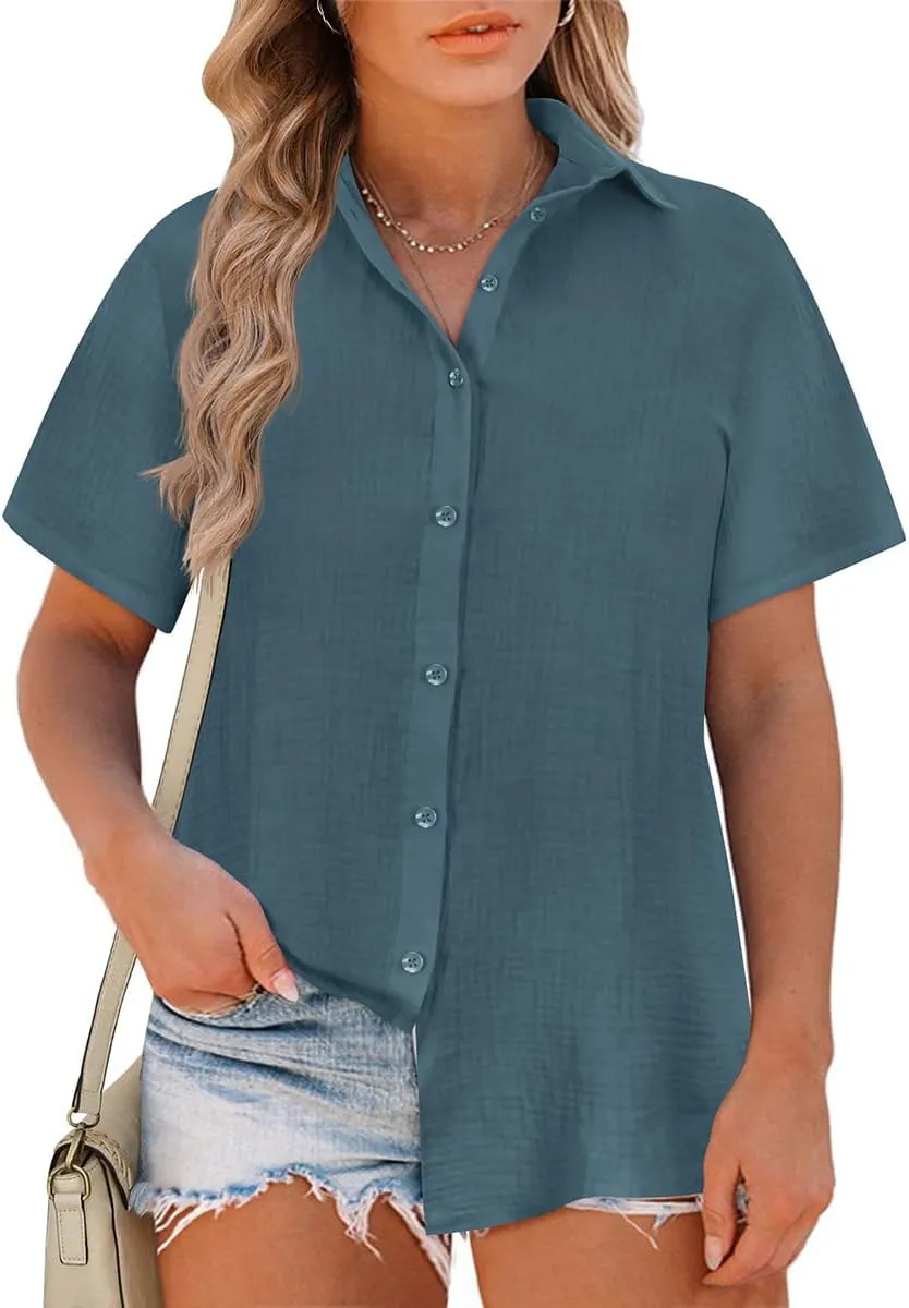 RITERA Womens Plus Size Tops Button Down Roll-Up Cuffed Short Sleeve Casual Shirts Collared Summer Lightweight Blouse XL-5XL