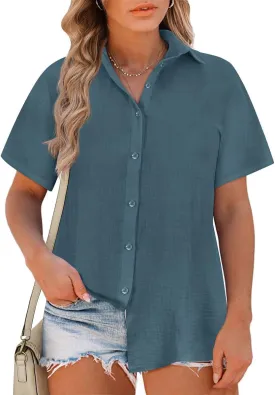 RITERA Womens Plus Size Tops Button Down Roll-Up Cuffed Short Sleeve Casual Shirts Collared Summer Lightweight Blouse XL-5XL