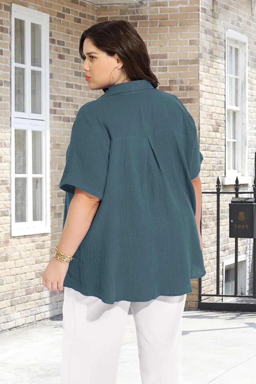 RITERA Womens Plus Size Tops Button Down Roll-Up Cuffed Short Sleeve Casual Shirts Collared Summer Lightweight Blouse XL-5XL