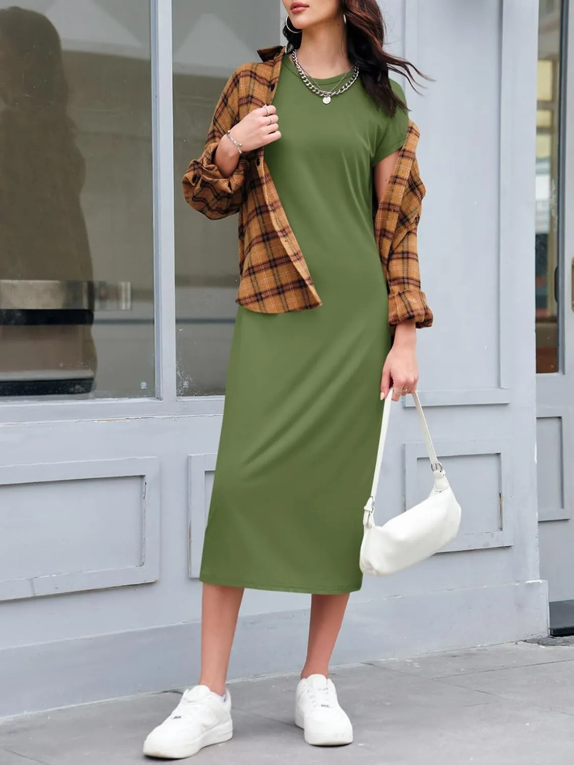Wenrine Women's Short Sleeve T-Shirt Dress Summer Crew Neck Basic Solid Casual Long Midi Dresses
