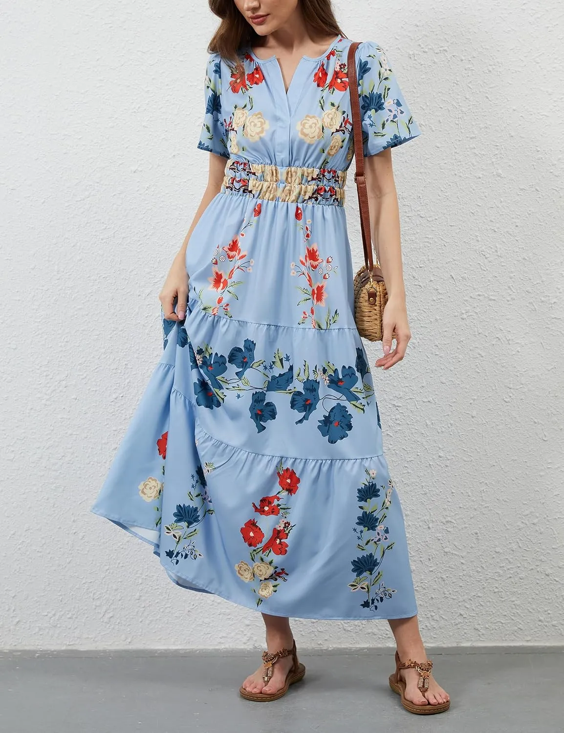 Women Casual Bohemian Floral Dress V Neck Short Sleeve Tiered Maxi Dress Summer Boho Flowy Swing Long Dresses