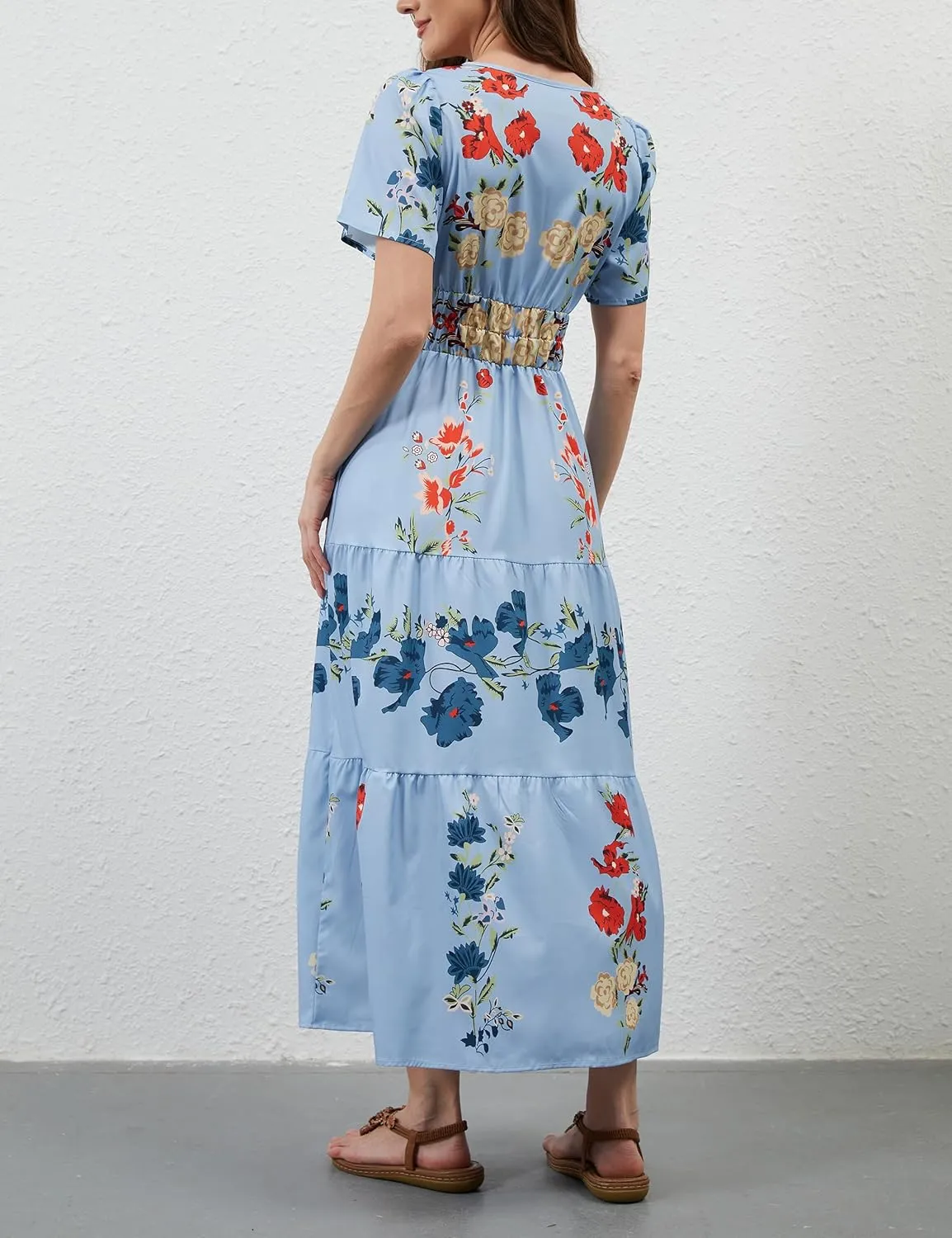 Women Casual Bohemian Floral Dress V Neck Short Sleeve Tiered Maxi Dress Summer Boho Flowy Swing Long Dresses