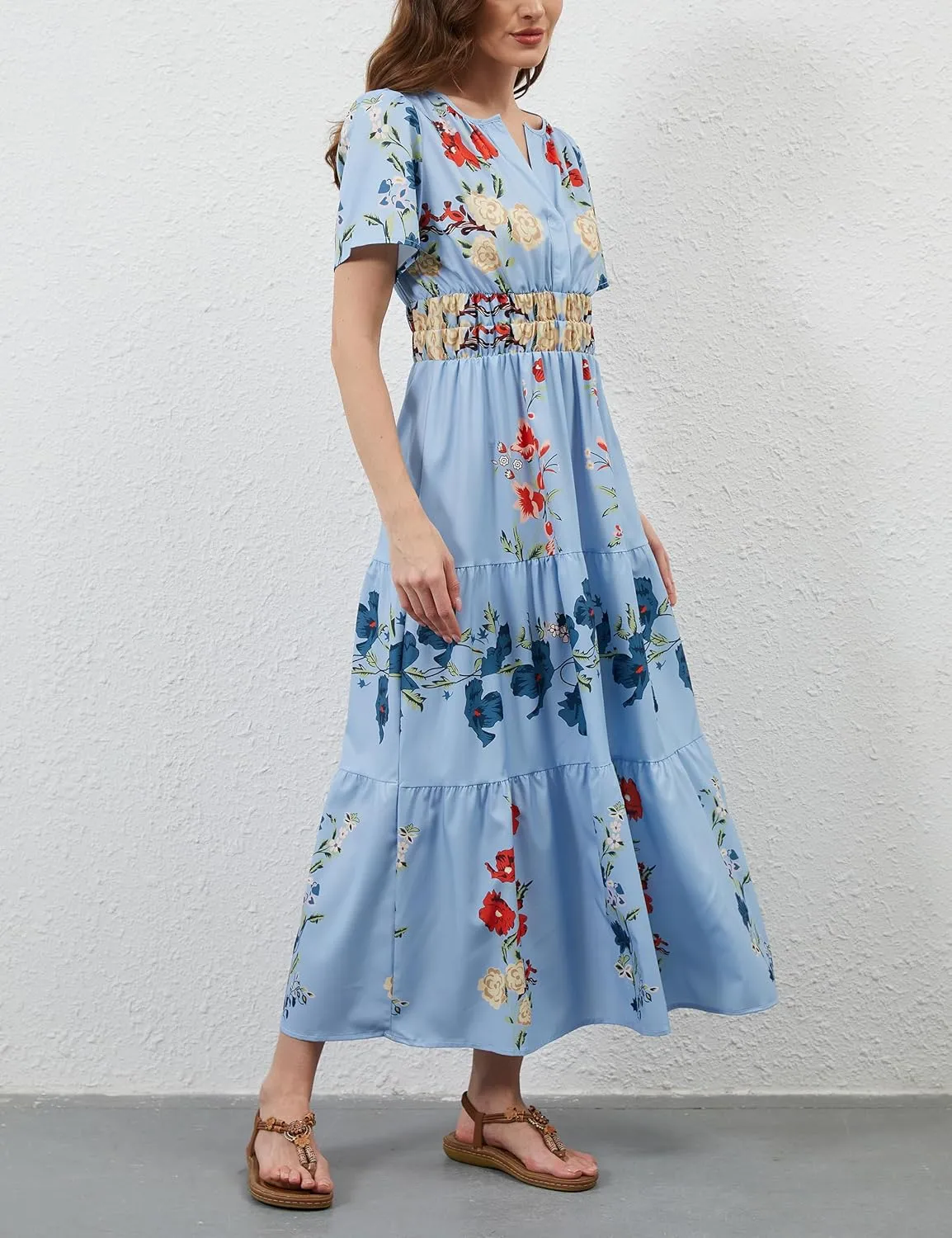 Women Casual Bohemian Floral Dress V Neck Short Sleeve Tiered Maxi Dress Summer Boho Flowy Swing Long Dresses