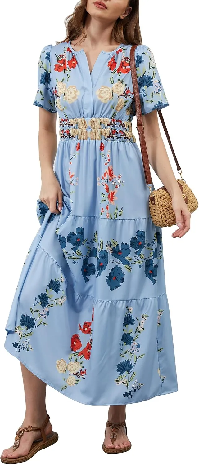 Women Casual Bohemian Floral Dress V Neck Short Sleeve Tiered Maxi Dress Summer Boho Flowy Swing Long Dresses