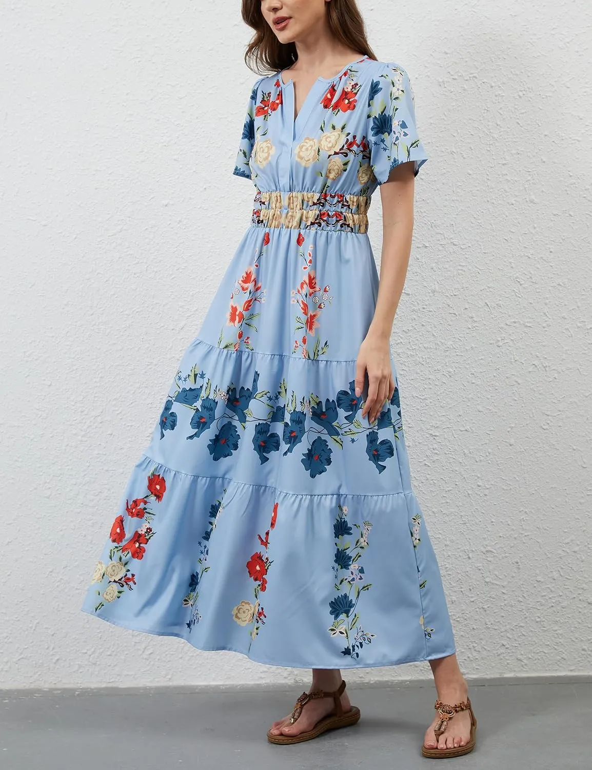Women Casual Bohemian Floral Dress V Neck Short Sleeve Tiered Maxi Dress Summer Boho Flowy Swing Long Dresses