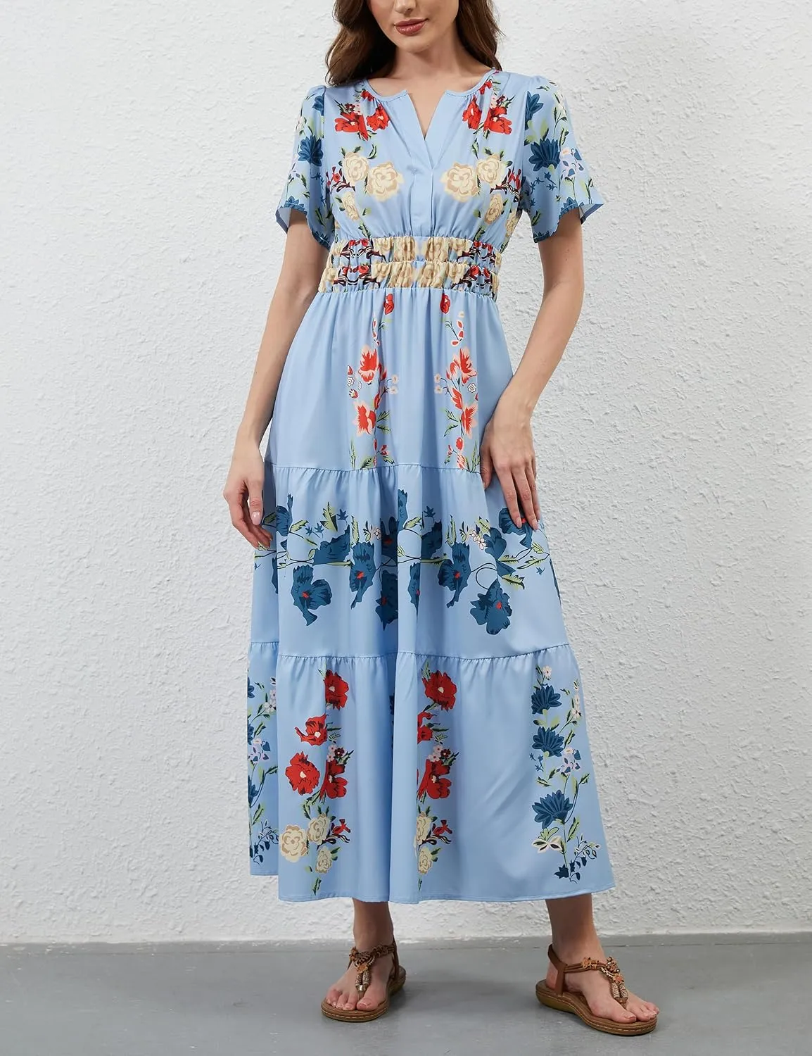 Women Casual Bohemian Floral Dress V Neck Short Sleeve Tiered Maxi Dress Summer Boho Flowy Swing Long Dresses