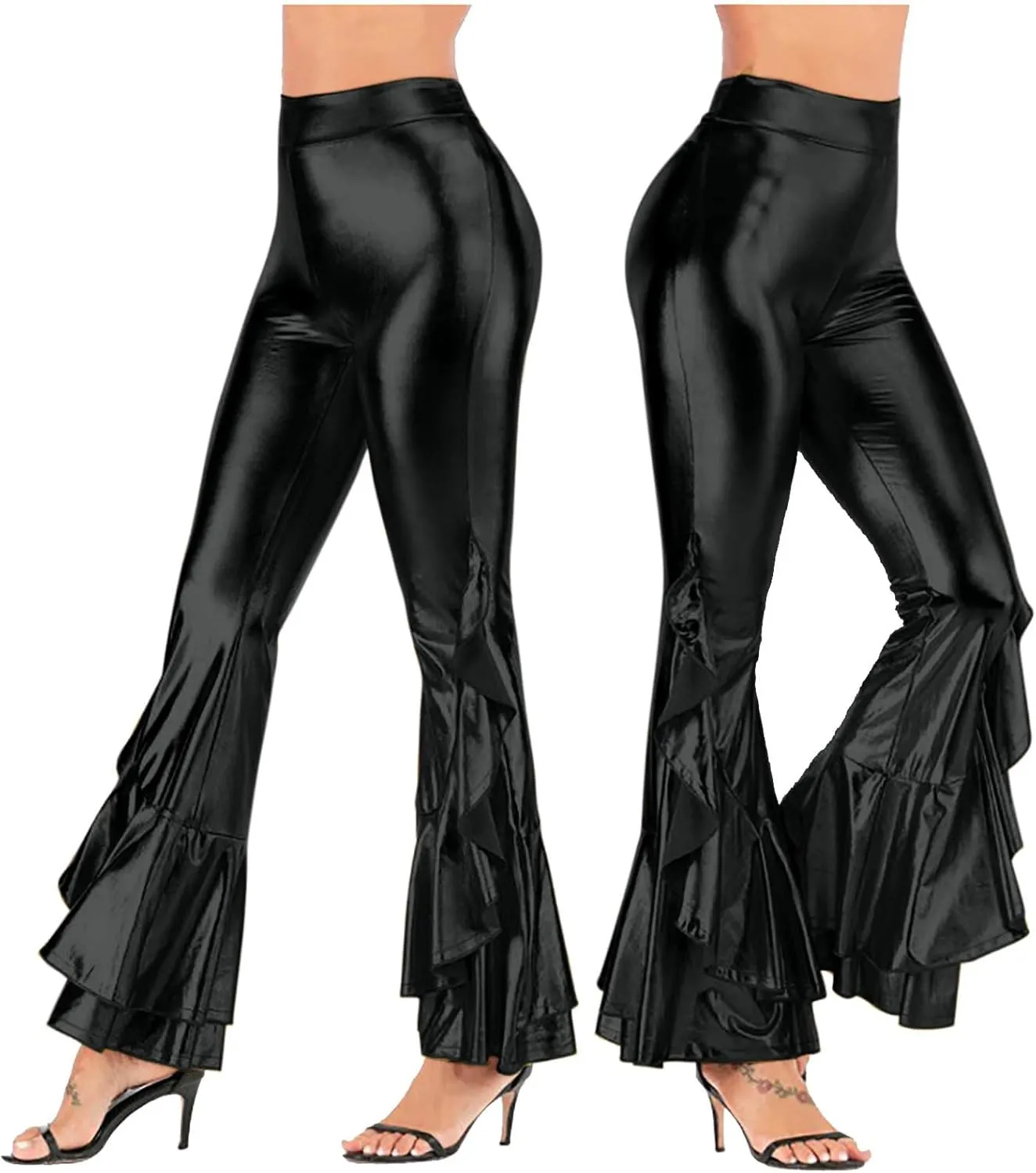 Women Vintage Shiny Metallic Bell Bottom Ruffle Flare Pants- 70s Disco High Waisted Dance Bootcut Palazzo Pants