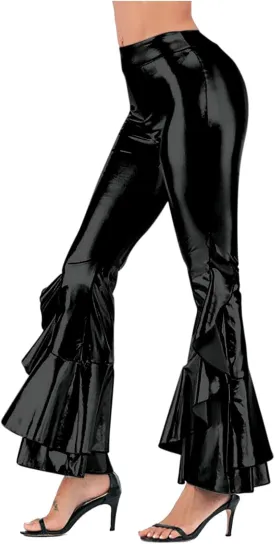 Women Vintage Shiny Metallic Bell Bottom Ruffle Flare Pants- 70s Disco High Waisted Dance Bootcut Palazzo Pants
