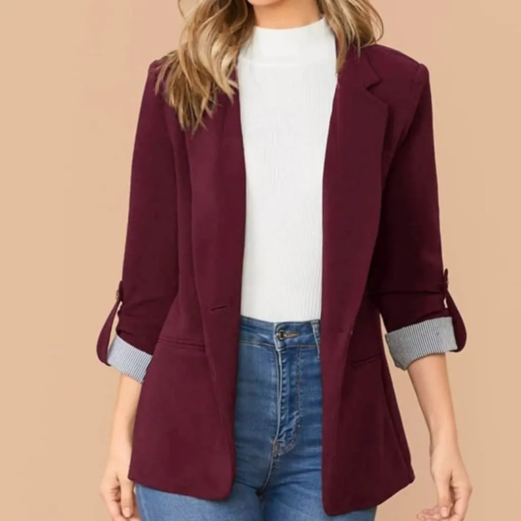 Womens Casual Comfy Blazers 3/4 Sleeve Lapel Button Slim Fit Work Office Blazer Jacket Open Front Lightweight Lounge Suit