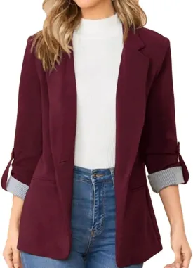Womens Casual Comfy Blazers 3/4 Sleeve Lapel Button Slim Fit Work Office Blazer Jacket Open Front Lightweight Lounge Suit