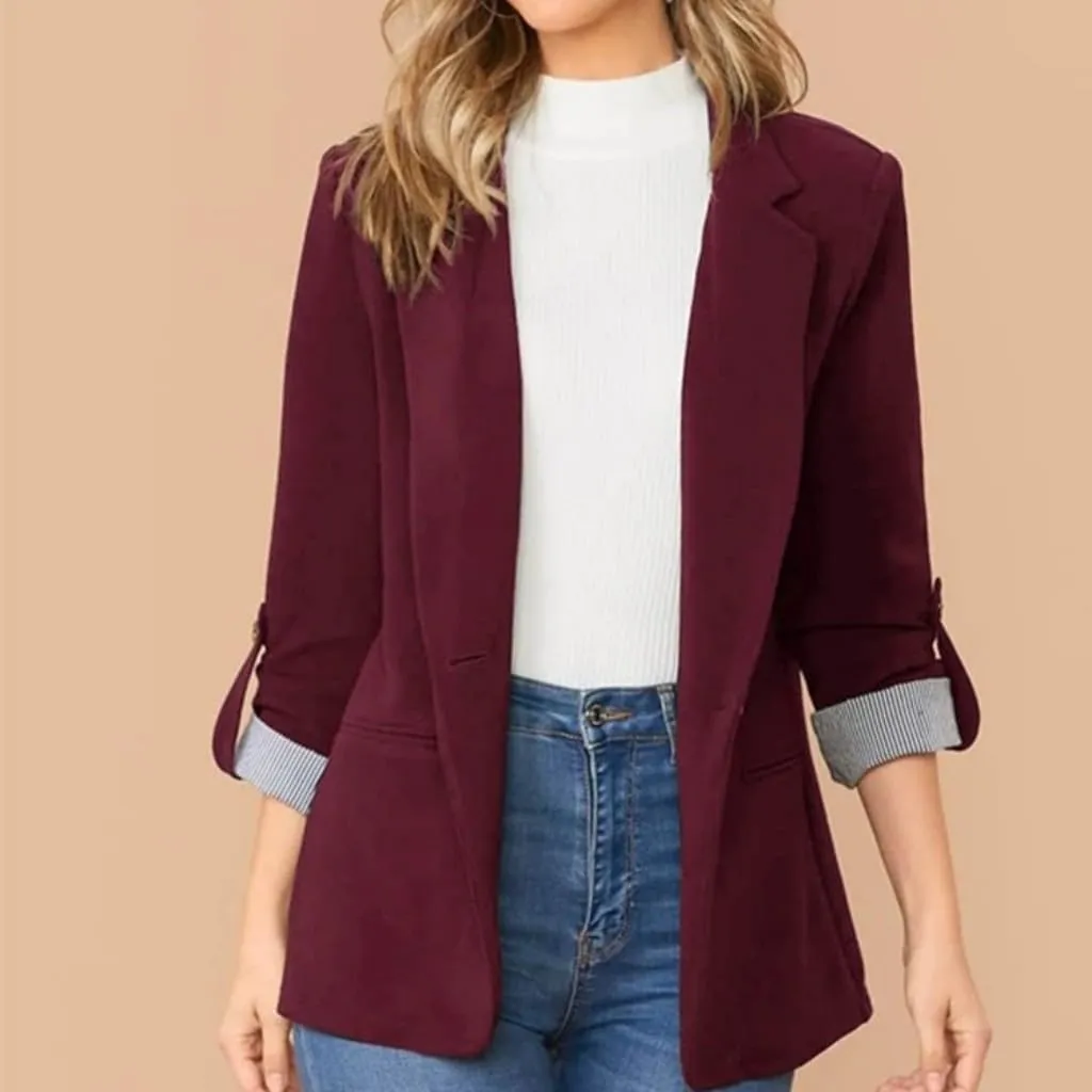 Womens Casual Comfy Blazers 3/4 Sleeve Lapel Button Slim Fit Work Office Blazer Jacket Open Front Lightweight Lounge Suit