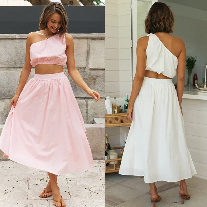 Women's Fashionable Two-piece Sloping Shoulder Bow Skirt - GlamzLife