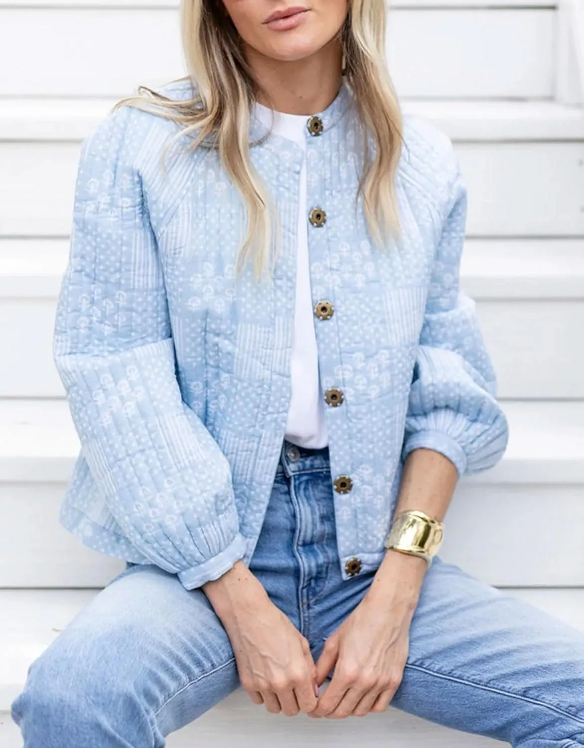 Women's Floral Printed Quilted Jacket Long Sleeve Button Down Lightweight Padded Jacket Fall Winter Casual Outerwear