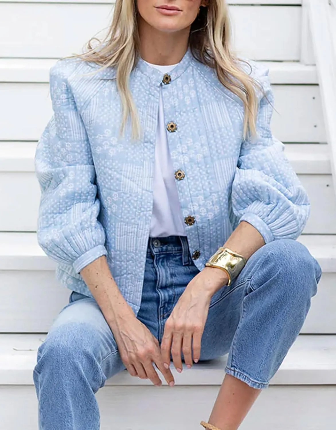 Women's Floral Printed Quilted Jacket Long Sleeve Button Down Lightweight Padded Jacket Fall Winter Casual Outerwear