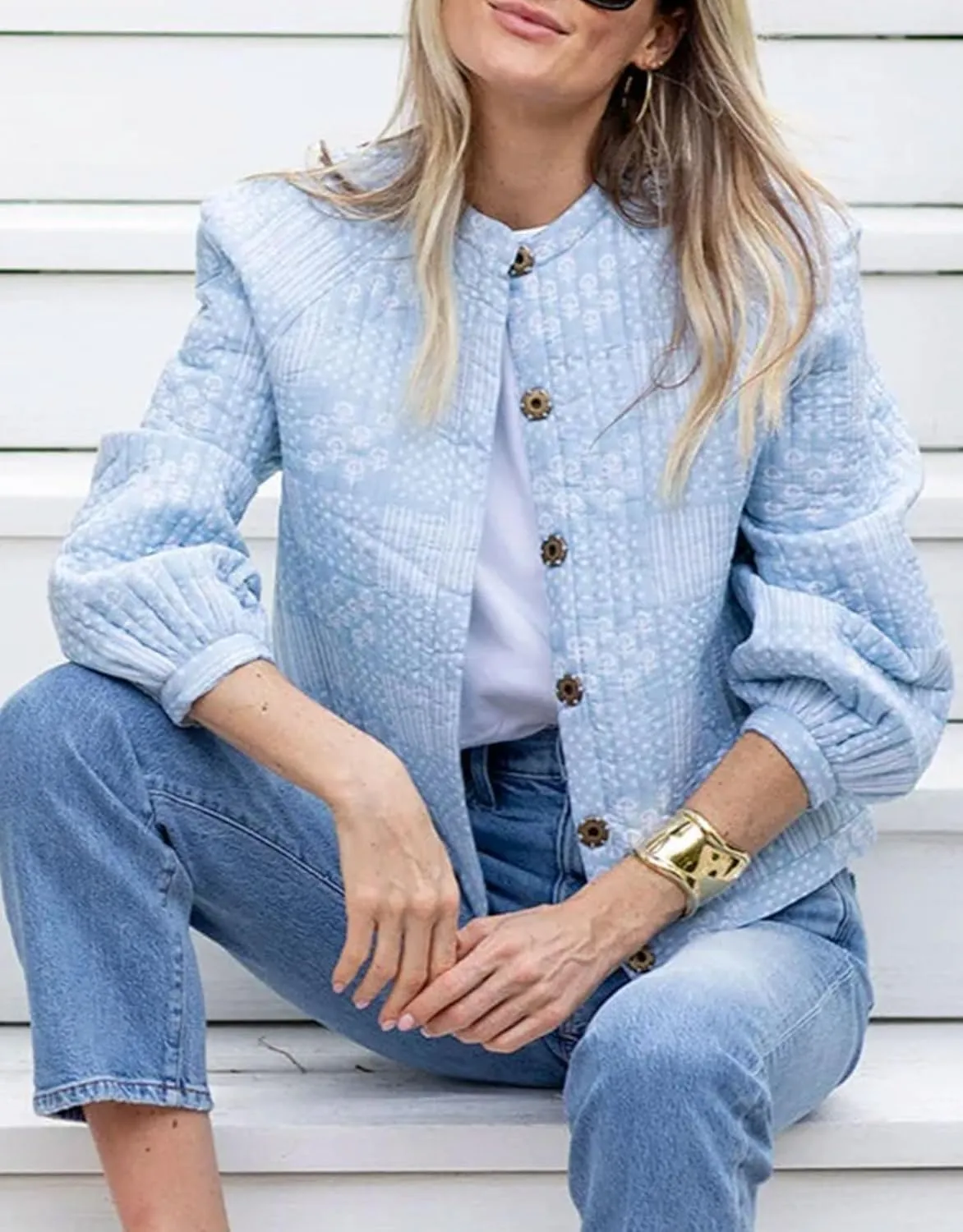 Women's Floral Printed Quilted Jacket Long Sleeve Button Down Lightweight Padded Jacket Fall Winter Casual Outerwear