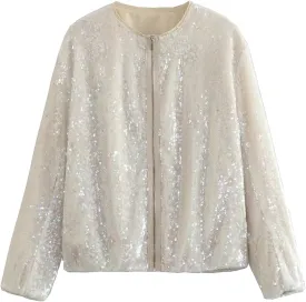 Women's Sequin Jackets Long Sleeve 2024 Winter Baseball Coats Full Zip Sweatshirts Trendy Elegant Party Outwear Tops