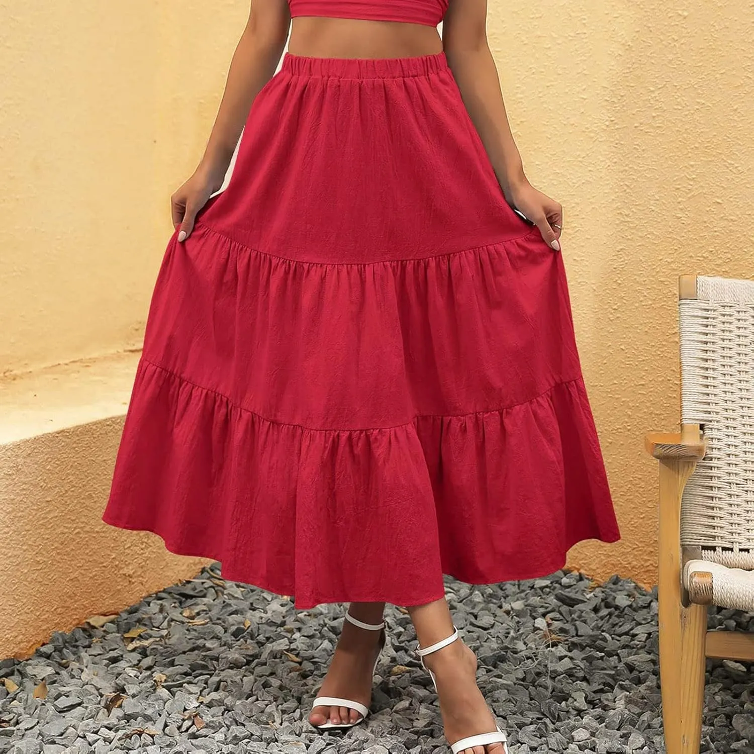 Women's Solid Color Long Skirt Elastic High Waist Pleated Maxi Skirt A Line Flowy Swing Tiered Beach Skirt