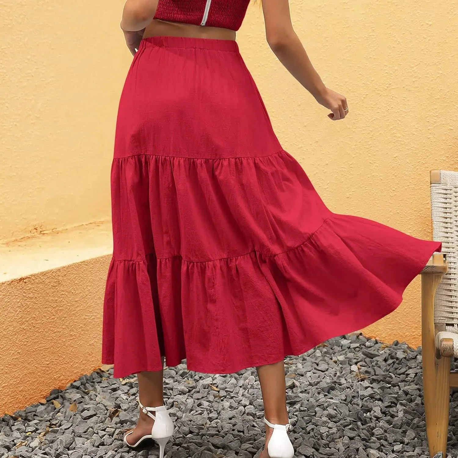 Women's Solid Color Long Skirt Elastic High Waist Pleated Maxi Skirt A Line Flowy Swing Tiered Beach Skirt