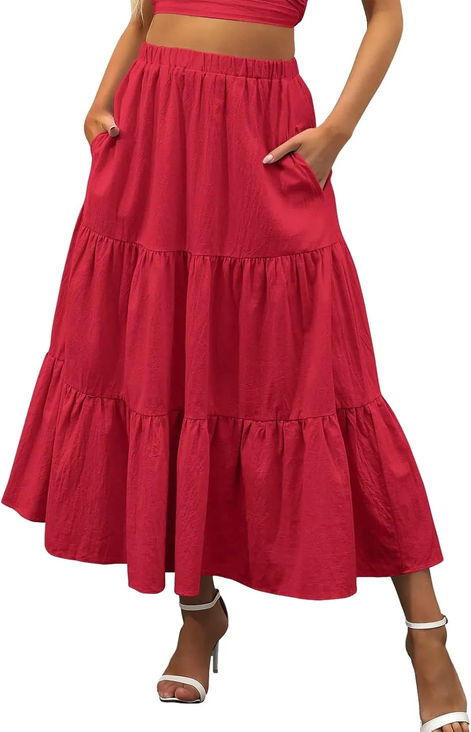 Women's Solid Color Long Skirt Elastic High Waist Pleated Maxi Skirt A Line Flowy Swing Tiered Beach Skirt