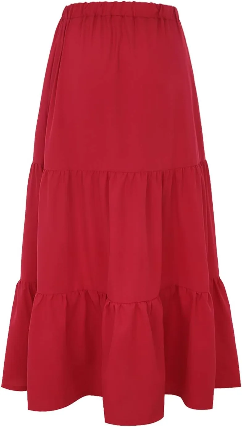 Women's Solid Color Long Skirt Elastic High Waist Pleated Maxi Skirt A Line Flowy Swing Tiered Beach Skirt