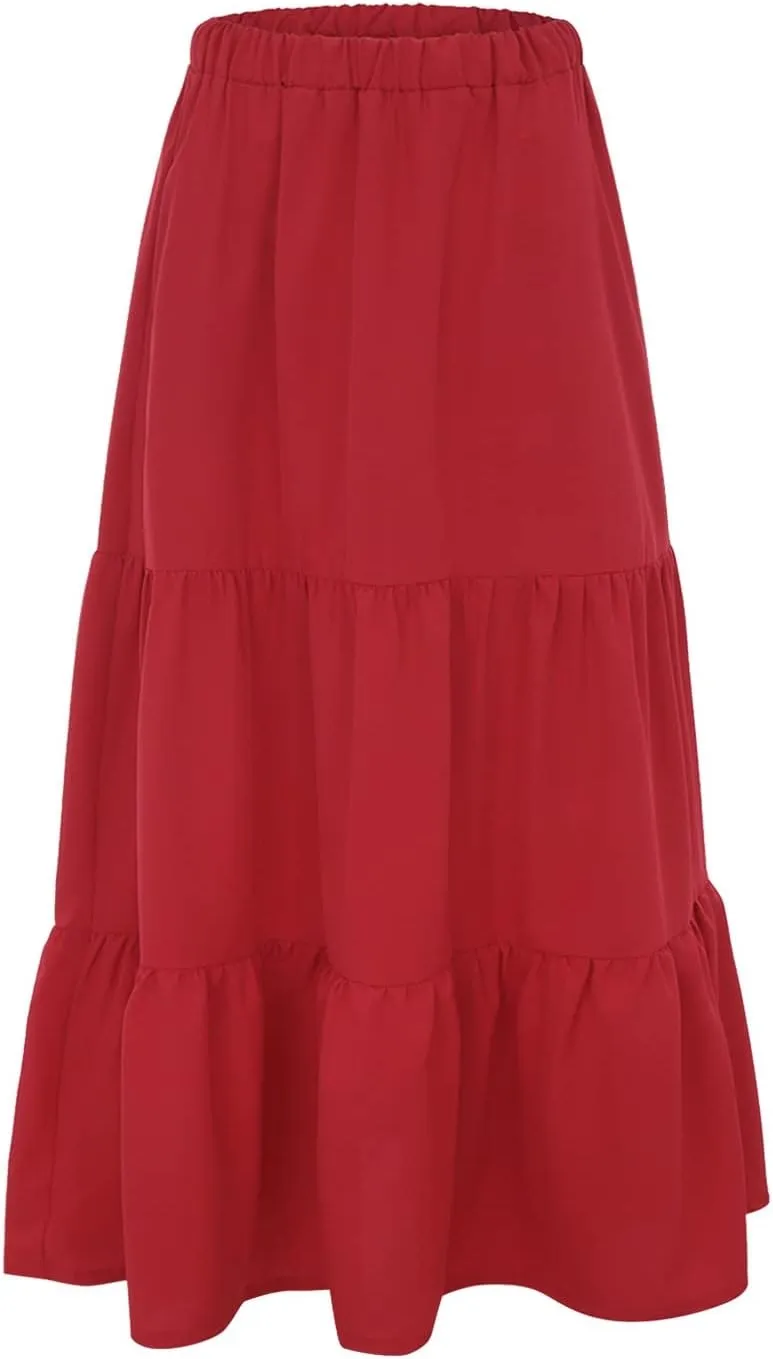 Women's Solid Color Long Skirt Elastic High Waist Pleated Maxi Skirt A Line Flowy Swing Tiered Beach Skirt