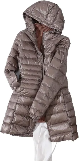 Women's Solid Color Mid Length Hooded Down Jacket with Drawstring Slim Fit Portable Outerwear Warmest Winter for
