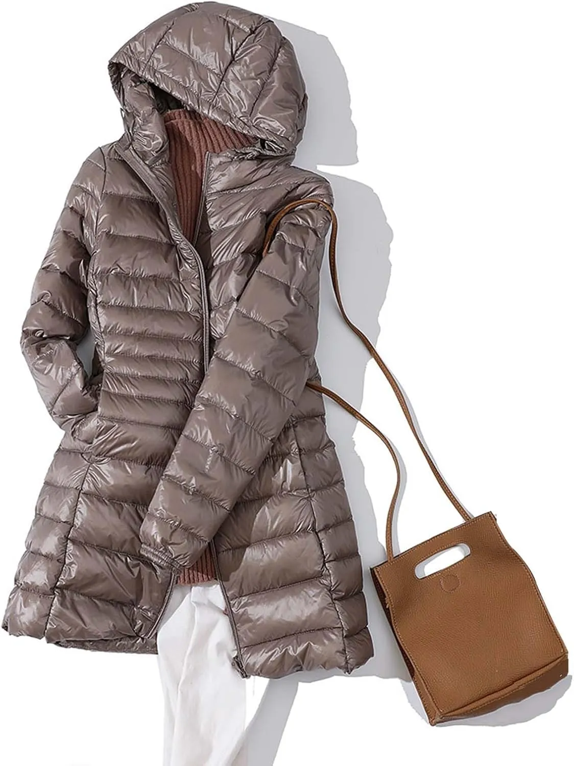 Women's Solid Color Mid Length Hooded Down Jacket with Drawstring Slim Fit Portable Outerwear Warmest Winter for