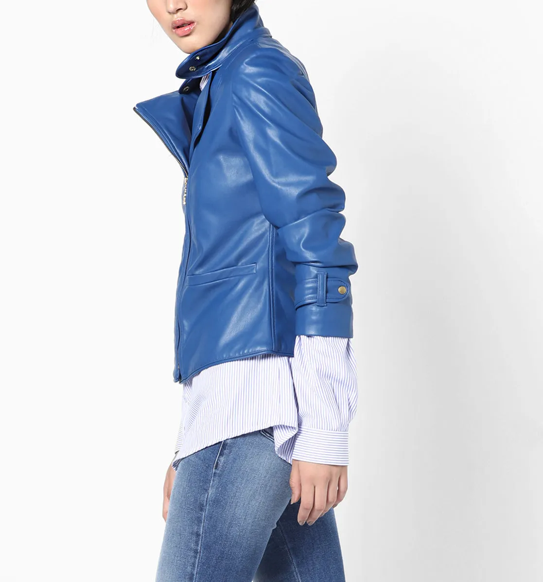 Women's Stylish Blue Leather Jacket WJ055
