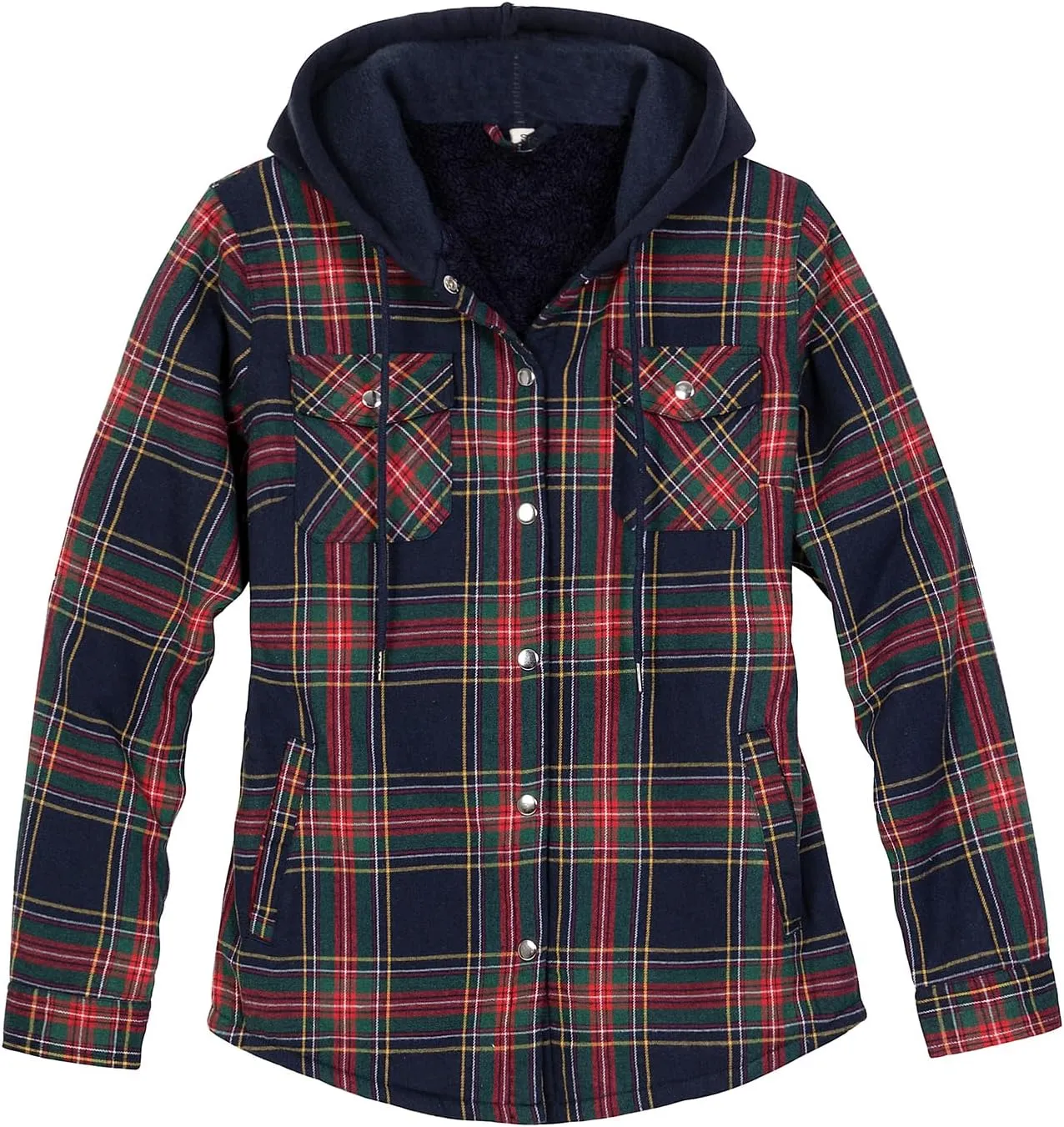 ZENTHACE Women's Flannel Shirt Jacket with Hood,Sherpa Lined Plaid Shacket Jackets,Snap Button Front