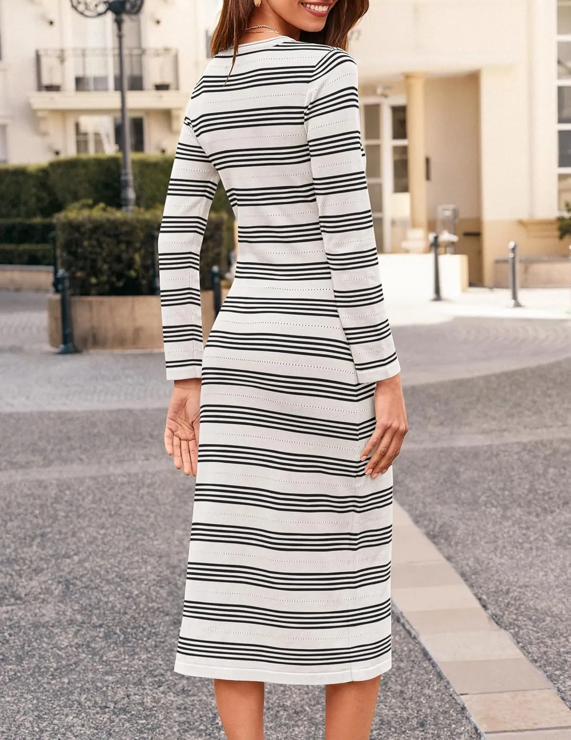 ZESICA Women's Fall Long Sleeve Striped Knit Midi Dresses Crewneck Side Slit Bodycon Sweater Dress