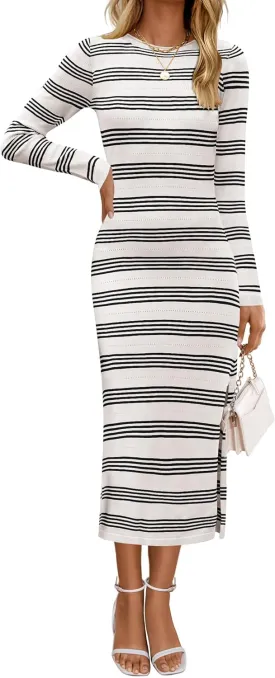 ZESICA Women's Fall Long Sleeve Striped Knit Midi Dresses Crewneck Side Slit Bodycon Sweater Dress ZESICA Women's Fall Long Sleeve Striped Knit Midi Dresses Crewneck Side Slit Bodycon Sweater Dress